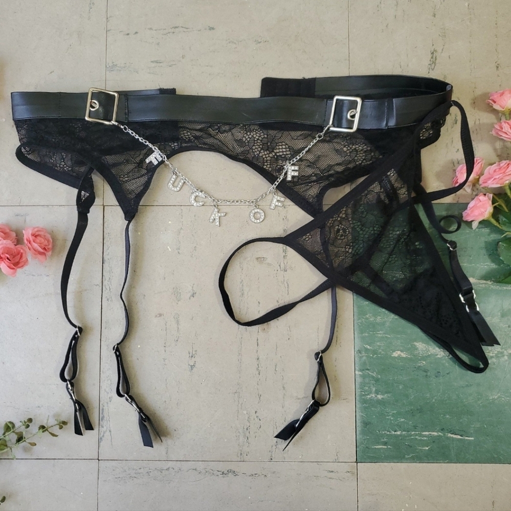 NWT Graphic Black Lace Garter and G String Set